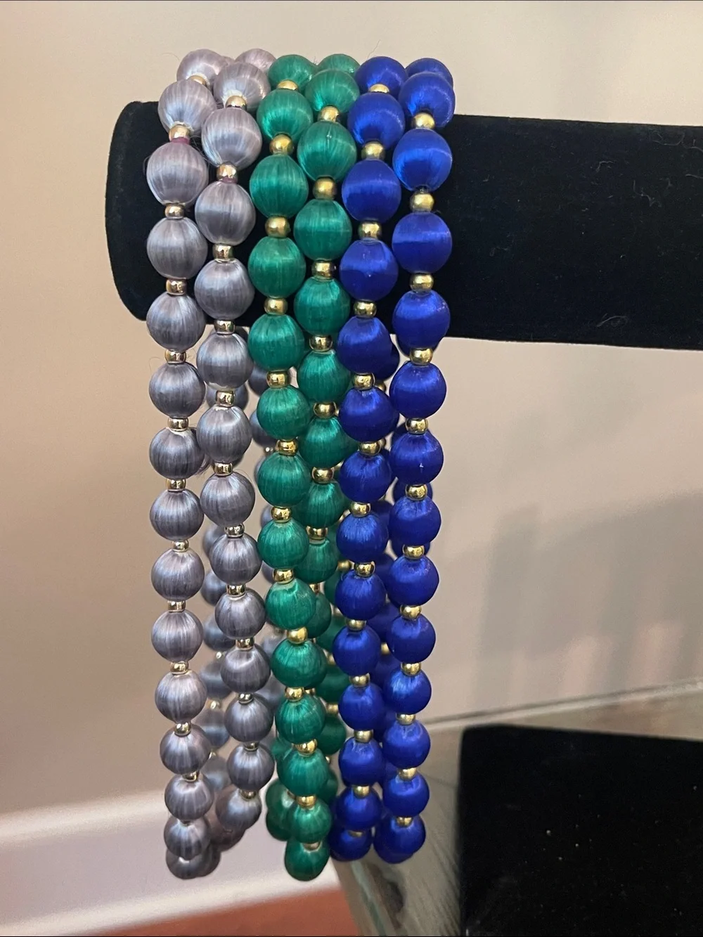 Vintage 3 Necklaces with Spun Silk Satin Beads Gold Tone Spacers 30 In. Approx